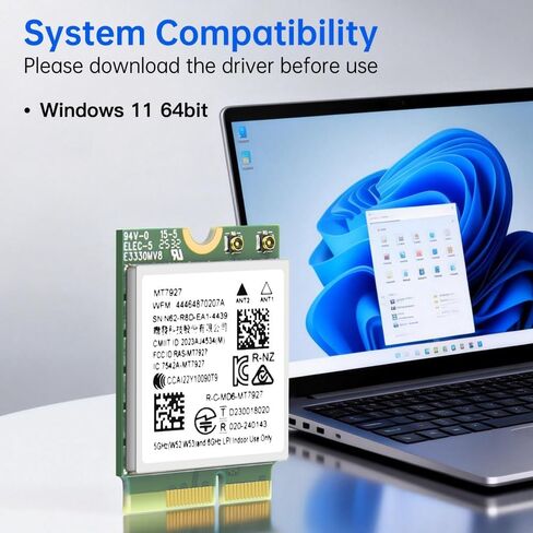 MT7927 WiFi 7 Card Tri-Band 802.11be محول لاسلكي، 2.4/5/6 جيجا هرتز مع بلوتوث 5.4 MU-MIMO، WPA3، M.2 Key E لأجهزة الكمبيوتر المحمول التي تعمل بنظام Windows 11، متوافق مع اللوحة الأم Intel وAMD in Kuwait