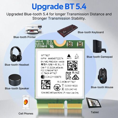 MT7927 WiFi 7 Card Tri-Band 802.11be محول لاسلكي، 2.4/5/6 جيجا هرتز مع بلوتوث 5.4 MU-MIMO، WPA3، M.2 Key E لأجهزة الكمبيوتر المحمول التي تعمل بنظام Windows 11، متوافق مع اللوحة الأم Intel وAMD in Kuwait