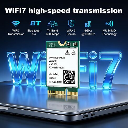 بطاقة شبكة WiFi 7 ثلاثية النطاق 2.4 جيجا/5 جيجا/6 جيجا هرتز 6.5 جيجابت في الثانية، محول بلوتوث 5.4 لاسلكي للكمبيوتر المحمول، MT7925 Wi-Fi 7 BE6500 M.2 2230 بطاقة، WPA3، OFDMA، ألعاب منخفضة الكمون، متوافقة مع نظام التشغيل Windows 11/10 in Kuwait