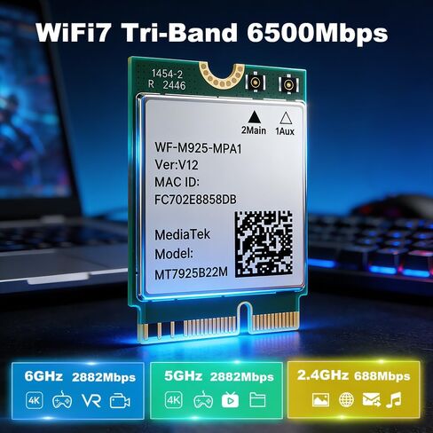 بطاقة شبكة WiFi 7 ثلاثية النطاق 2.4 جيجا/5 جيجا/6 جيجا هرتز 6.5 جيجابت في الثانية، محول بلوتوث 5.4 لاسلكي للكمبيوتر المحمول، MT7925 Wi-Fi 7 BE6500 M.2 2230 بطاقة، WPA3، OFDMA، ألعاب منخفضة الكمون، متوافقة مع نظام التشغيل Windows 11/10 in Kuwait