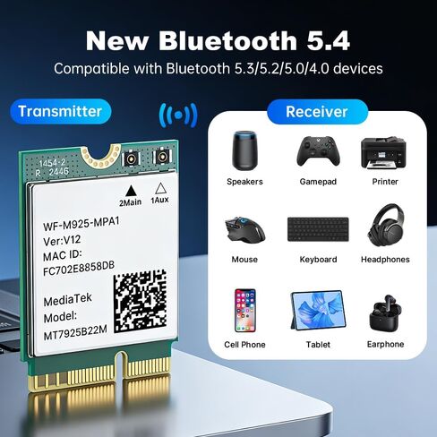 بطاقة شبكة WiFi 7 ثلاثية النطاق 2.4 جيجا/5 جيجا/6 جيجا هرتز 6.5 جيجابت في الثانية، محول بلوتوث 5.4 لاسلكي للكمبيوتر المحمول، MT7925 Wi-Fi 7 BE6500 M.2 2230 بطاقة، WPA3، OFDMA، ألعاب منخفضة الكمون، متوافقة مع نظام التشغيل Windows 11/10 in Kuwait
