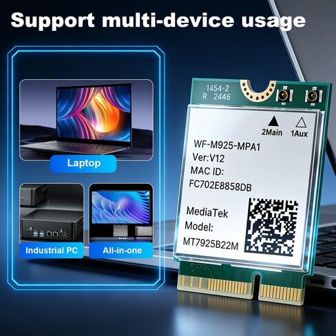 بطاقة شبكة WiFi 7 ثلاثية النطاق 2.4 جيجا/5 جيجا/6 جيجا هرتز 6.5 جيجابت في الثانية، محول بلوتوث 5.4 لاسلكي للكمبيوتر المحمول، MT7925 Wi-Fi 7 BE6500 M.2 2230 بطاقة، WPA3، OFDMA، ألعاب منخفضة الكمون، متوافقة مع نظام التشغيل Windows 11/10 in Kuwait