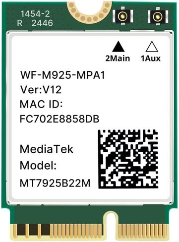 بطاقة شبكة WiFi 7 ثلاثية النطاق 2.4 جيجا/5 جيجا/6 جيجا هرتز 6.5 جيجابت في الثانية، محول بلوتوث 5.4 لاسلكي للكمبيوتر المحمول، MT7925 Wi-Fi 7 BE6500 M.2 2230 بطاقة، WPA3، OFDMA، ألعاب منخفضة الكمون، متوافقة مع نظام التشغيل Windows 11/10 in Kuwait