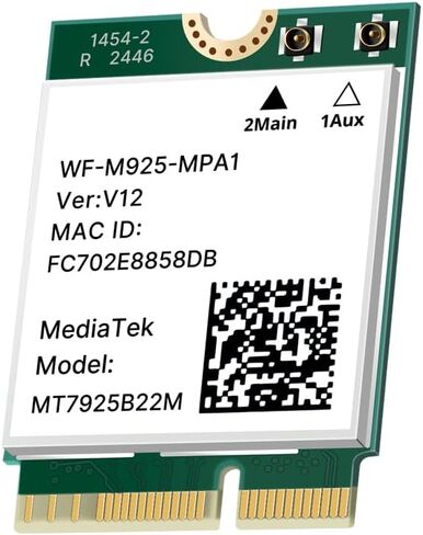بطاقة شبكة WiFi 7 ثلاثية النطاق 2.4 جيجا/5 جيجا/6 جيجا هرتز 6.5 جيجابت في الثانية، محول بلوتوث 5.4 لاسلكي للكمبيوتر المحمول، MT7925 Wi-Fi 7 BE6500 M.2 2230 بطاقة، WPA3، OFDMA، ألعاب منخفضة الكمون، متوافقة مع نظام التشغيل Windows 11/10 in Kuwait