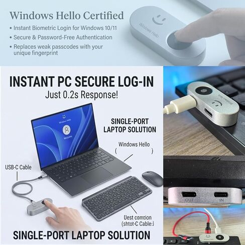 Portable USB Fingerprint Reader for Windows 10/11 PC and Laptops, Windows Hello Biometric Scanner, 360° Touch, Fast Login (<1 Second), Type-C Fingerprint Reader with Security Key. in Saudi Arabia