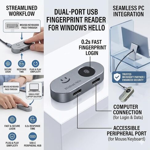 Portable USB Fingerprint Reader for Windows 10/11 PC and Laptops, Windows Hello Biometric Scanner, 360° Touch, Fast Login (<1 Second), Type-C Fingerprint Reader with Security Key. in Saudi Arabia
