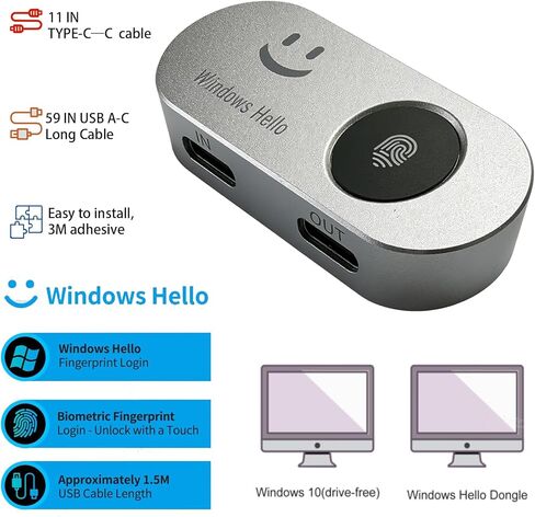 Portable USB Fingerprint Reader for Windows 10/11 PC and Laptops, Windows Hello Biometric Scanner, 360° Touch, Fast Login (<1 Second), Type-C Fingerprint Reader with Security Key. in Saudi Arabia