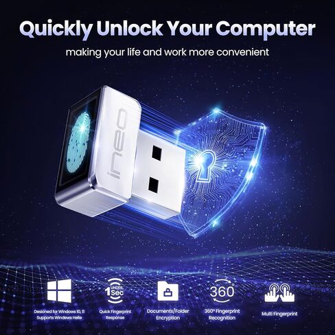 قارئ بصمات الأصابع USB من ineo لنظام Windows Hello، مفتاح أمان مدمج للتوصيل والتشغيل، فضي [FP01] in Kuwait