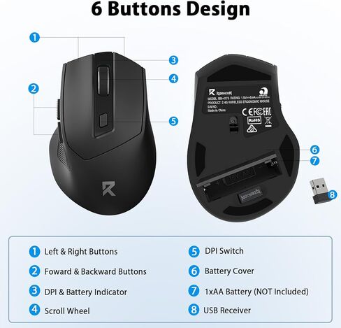 ماوس Redragon اللاسلكي، ماوس ضوئي مريح بسرعة 2.4 جيجا هرتز مع جهاز استقبال USB، عمر بطارية 18 شهرًا، 5 مستويات 4000 نقطة لكل بوصة، ماوس كمبيوتر بـ 6 أزرار للكمبيوتر المحمول، Windows، Mac، PC، Chromebook in Saudi Arabia
