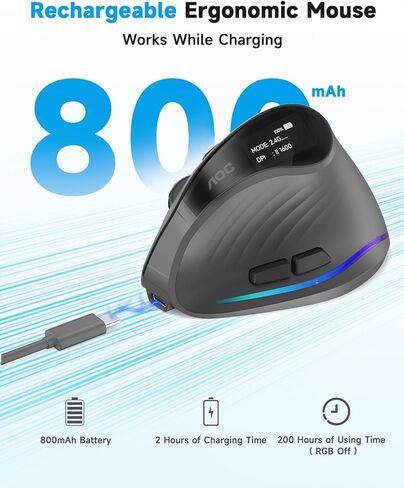 AOC 2.4GHz Ergonomic Mouse, Wireless Bluetooth Vertical Mouse for Work, 4800 DPI Optical Tracking, 5 Adjustable DPI, Quiet Clicks, RGB Light, Compatible with Computer, Laptop, PC, Mac, Desktop - Gray in Saudi Arabia