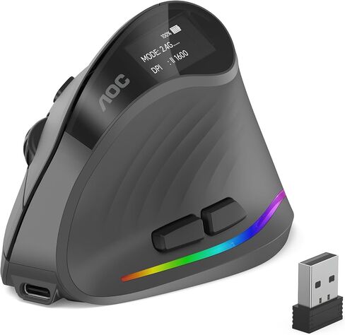 AOC 2.4GHz Ergonomic Mouse, Wireless Bluetooth Vertical Mouse for Work, 4800 DPI Optical Tracking, 5 Adjustable DPI, Quiet Clicks, RGB Light, Compatible with Computer, Laptop, PC, Mac, Desktop - Gray in Saudi Arabia