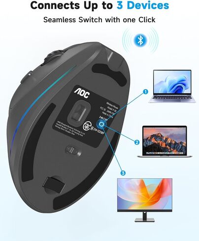 AOC 2.4GHz Ergonomic Mouse, Wireless Bluetooth Vertical Mouse for Work, 4800 DPI Optical Tracking, 5 Adjustable DPI, Quiet Clicks, RGB Light, Compatible with Computer, Laptop, PC, Mac, Desktop - Gray in Saudi Arabia