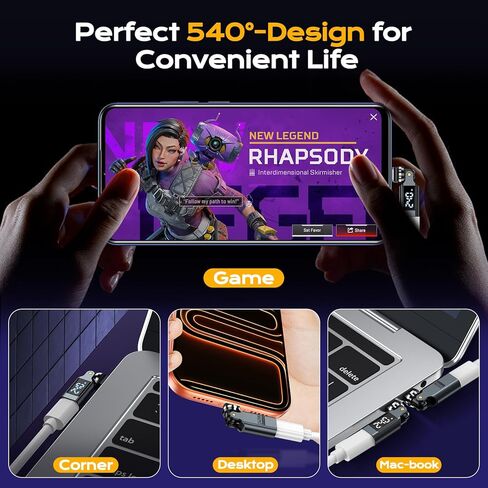 محول USB C [عبوة من قطعتين]، محول PD 240W USB C 90 درجة مع شاشة رقمية LED، محولات 360 و180 درجة C إلى C لأجهزة iPhone 17/16/15، سلسلة MacBook Pro/iPad، Samsung Galaxy، الكمبيوتر اللوحي، الكمبيوتر المحمول in Kuwait