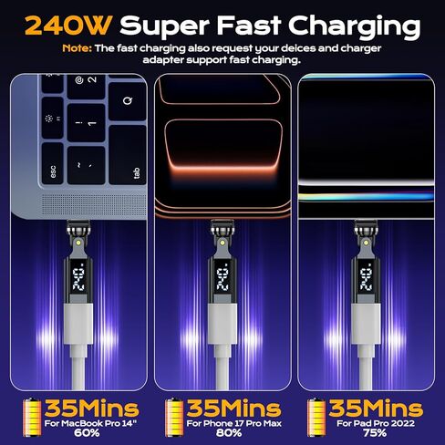محول USB C [عبوة من قطعتين]، محول PD 240W USB C 90 درجة مع شاشة رقمية LED، محولات 360 و180 درجة C إلى C لأجهزة iPhone 17/16/15، سلسلة MacBook Pro/iPad، Samsung Galaxy، الكمبيوتر اللوحي، الكمبيوتر المحمول in Kuwait