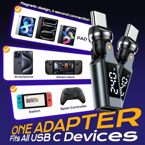محول USB C [عبوة من قطعتين]، محول PD 240W USB C 90 درجة مع شاشة رقمية LED، محولات 360 و180 درجة C إلى C لأجهزة iPhone 17/16/15، سلسلة MacBook Pro/iPad، Samsung Galaxy، الكمبيوتر اللوحي، الكمبيوتر المحمول in Kuwait