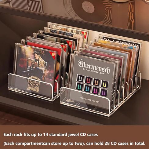 حامل أقراص مضغوطة من الأكريليك الشفاف مكون من قطعتين، رف عرض صندوق تخزين أقراص DVD والأقراص المضغوطة، حامل تخزين عرض سجل الفينيل، يحمل ما يصل إلى 14 حافظة أقراص مضغوطة قياسية لحاملي أرفف الوسائط وتنظيمها in Kuwait