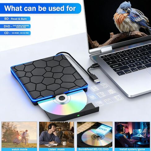 محرك أقراص Blu-ray BD/DVD/CD الخارجي من Gingo - ناسخ أقراص ضوئية USB 3.0 وقارئ وناسخ مع تشغيل ثلاثي الأبعاد، يعمل بسلاسة مع أجهزة الكمبيوتر المحمولة وأجهزة الكمبيوتر المكتبية وأجهزة Windows وMac وLinux in Kuwait