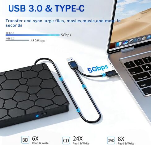 محرك أقراص Blu-ray BD/DVD/CD الخارجي من Gingo - ناسخ أقراص ضوئية USB 3.0 وقارئ وناسخ مع تشغيل ثلاثي الأبعاد، يعمل بسلاسة مع أجهزة الكمبيوتر المحمولة وأجهزة الكمبيوتر المكتبية وأجهزة Windows وMac وLinux in Kuwait