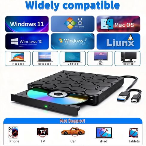 محرك أقراص Blu-ray BD/DVD/CD الخارجي من Gingo - ناسخ أقراص ضوئية USB 3.0 وقارئ وناسخ مع تشغيل ثلاثي الأبعاد، يعمل بسلاسة مع أجهزة الكمبيوتر المحمولة وأجهزة الكمبيوتر المكتبية وأجهزة Windows وMac وLinux in Kuwait