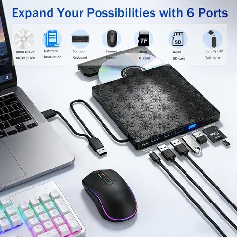 محرك أقراص Blu-ray خارجي محمول 6 في 1 مزود بمنفذ USB 3.0 ومنفذ Type-C/SD/TF يدعم قرص BD سعة 100 جيجا بايت وتشغيل ثلاثي الأبعاد لقارئ أقراص CD/DVD/كاتب متوافق مع Windows 7-11/MacOS/Linux لأجهزة الكمبيوتر المكتبية والكمبيوتر المحمول in Kuwait