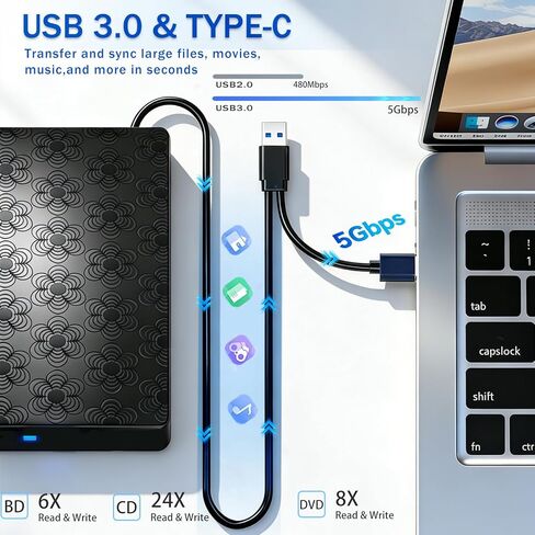 محرك أقراص Blu-ray خارجي محمول 6 في 1 مزود بمنفذ USB 3.0 ومنفذ Type-C/SD/TF يدعم قرص BD سعة 100 جيجا بايت وتشغيل ثلاثي الأبعاد لقارئ أقراص CD/DVD/كاتب متوافق مع Windows 7-11/MacOS/Linux لأجهزة الكمبيوتر المكتبية والكمبيوتر المحمول in Kuwait