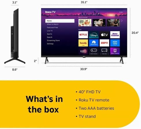 تلفزيون Roku Hiro TV 40 بوصة 1080 بكسل عالي الدقة مع صوت دولبي للبث المباشر، إضاءة LED مباشرة، مع واي فاي، بلوتوث، 3X منافذ HDMI - H40C3C4 (متجدد) in Saudi Arabia