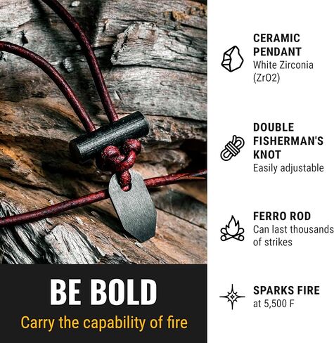 The Bushcraft - Original Fire Starter Necklace for Men, Handcrafted In USA, Weatherproof Fire Starting Necklace with Adjustable Leather Knot Design, Ideal for Traveling, Everyday Carry & Adventures in Saudi Arabia