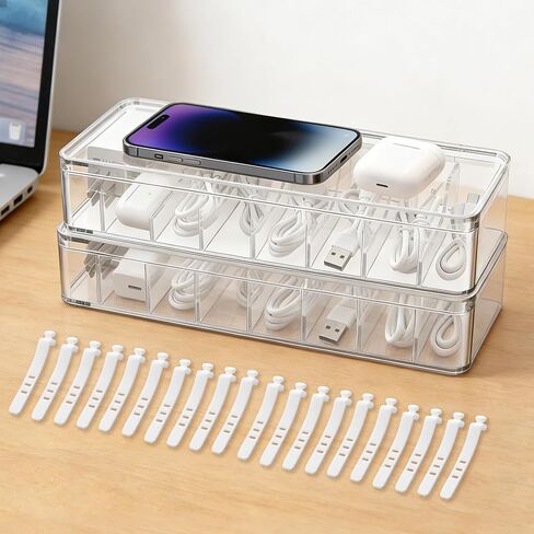 2 Pack Cable Organizer Box with Lid - Stackable Charger Cord Storage Organizer with 20 Wire Ties - Adjustable Compartments Phone Cables Wire Management Box for Drawer Desk Office Home Accessories in Saudi Arabia
