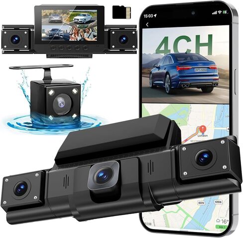 4 Channel Dash Cam,360° All-Around View Front Rear Left Right Inside Car Camera,3" IPS Screen,4-Way Dash Cam with 24H Parking Mode,Built-in GPS,8 IR Night Vision,G-Sensor,Free TF Card Included in Saudi Arabia