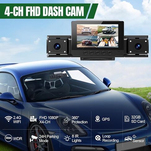 4 Channel Dash Cam,360° All-Around View Front Rear Left Right Inside Car Camera,3" IPS Screen,4-Way Dash Cam with 24H Parking Mode,Built-in GPS,8 IR Night Vision,G-Sensor,Free TF Card Included in Saudi Arabia