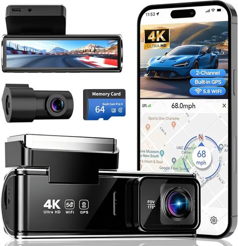 كاميرا أمامية وخلفية بدقة 4K، كاميرا سيارة بقناتين مع نظام تحديد المواقع العالمي (GPS) مدمج بسرعة 5.8 جيجا هرتز، وشاشة IPS مقاس 3.5 بوصة، وبطاقة 64 جيجابايت متضمنة، وزاوية واسعة 170 درجة، ورؤية ليلية، ومراقبة ركن السيارة على مدار 24 ساعة للسيارات in Saudi Arabia