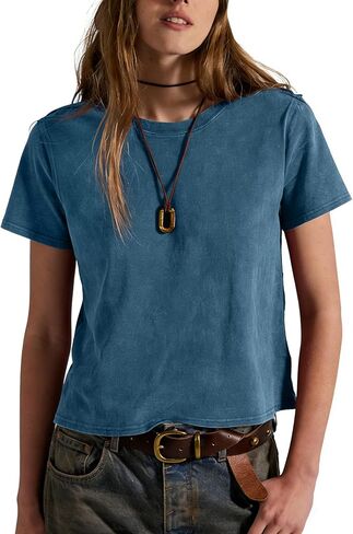 Vintage T Shirts for Women Casual Washed Cropped Tops Short Sleeve Cotton Tshirts Summer Basic Tees Trendy in Saudi Arabia