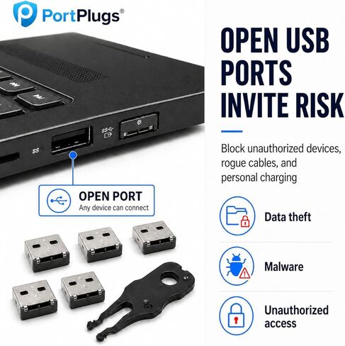 PortPlugs USB-A Port Blocker 25 حزمة مع مفاتيح، نظام قفل ثنائي النقاط، أقفال معدنية من سبائك الزنك تمنع الوصول غير المصرح به وسرقة البيانات، أمان عالي لأجهزة الكمبيوتر المحمولة وأجهزة الكمبيوتر المكتبية ومحطات العمل (أسود) in Kuwait