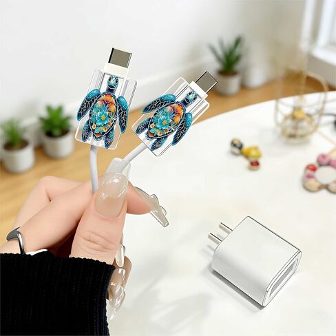 2pcs Acrylic Colorful Sea Turtle Cable Protector, Type-C Compatible, Anti-Break Data Cable Cover, Beautiful and Durable Charging Cable Protective Case, Perfectly Ideal in Saudi Arabia