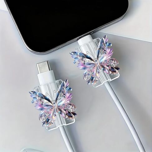 2pcs Acrylic Cable Protector, Shiny Gradient Butterfly Type-C Compatible, Anti-Break Data Cable Cover, Gift Idea,Beautiful and Durable Charging Cable Protective Case(SJXT-014) in Saudi Arabia