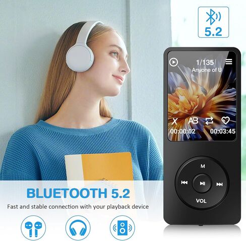 مشغل MP3 مع بلوتوث 5.2، مشغل موسيقى MP3 MP4 محمول بسعة 32 جيجابايت مع مكبر صوت B2، شاشة ملونة TFT مقاس 1.8 بوصة، مسجل صوت، فيديو، راديو FM، كتاب إلكتروني، صوت HiFi، للرياضة والسفر in Saudi Arabia