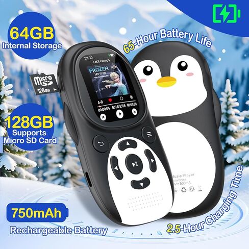 64GB Cute Penguin MP3 Player with Bluetooth 5.3 & Speaker, Portable Music Player for Kids, 2" Screen, 65-Hour Battery Life, FM Radio, Voice Recorder, Volume Limit, Supports 128GB microSD Card in Saudi Arabia