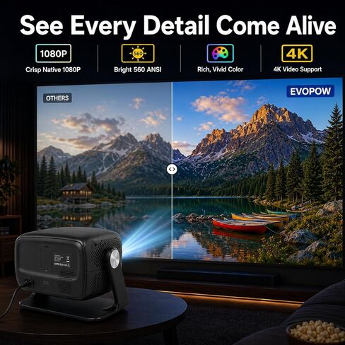 [مدمج في التطبيق والتركيز التلقائي] جهاز عرض دعم 1080P 4K أصلي مع بلوتوث 5.4 وواي فاي 6 محمول عالي الدقة بالكامل، دوران السقف 180 درجة، جهاز عرض أفلام Keystone Real 560 ANSI لغرفة النوم، في الهواء الطلق in Saudi Arabia