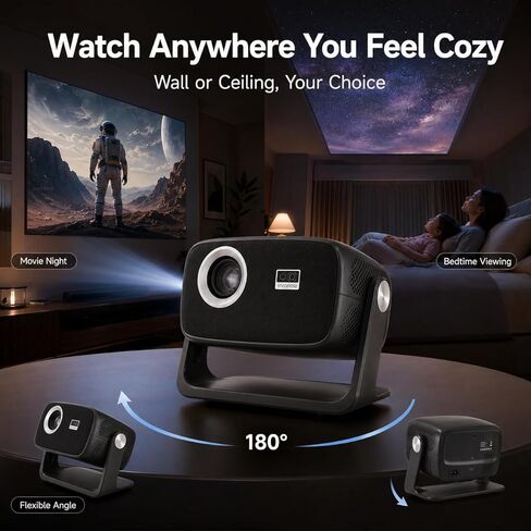 [مدمج في التطبيق والتركيز التلقائي] جهاز عرض دعم 1080P 4K أصلي مع بلوتوث 5.4 وواي فاي 6 محمول عالي الدقة بالكامل، دوران السقف 180 درجة، جهاز عرض أفلام Keystone Real 560 ANSI لغرفة النوم، في الهواء الطلق in Saudi Arabia