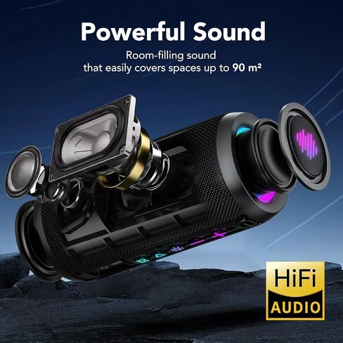 مكبر صوت بلوتوث محمول، مكبر صوت لاسلكي قوي الصوت: Boost Bass، Bluetooth 5.4، وقت تشغيل 24 ساعة، 8 أوضاع RGB، مقاومة للماء IPX7، اقتران TWS، أساسيات الشاطئ/العطلات، أفكار للهدايا (أسود) in Kuwait