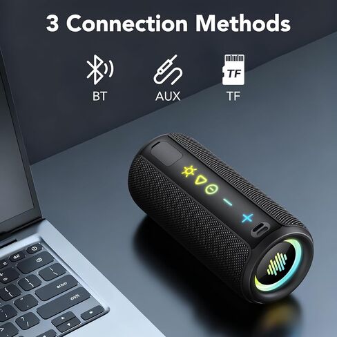 مكبر صوت بلوتوث محمول، مكبر صوت لاسلكي قوي الصوت: Boost Bass، Bluetooth 5.4، وقت تشغيل 24 ساعة، 8 أوضاع RGB، مقاومة للماء IPX7، اقتران TWS، أساسيات الشاطئ/العطلات، أفكار للهدايا (أسود) in Kuwait