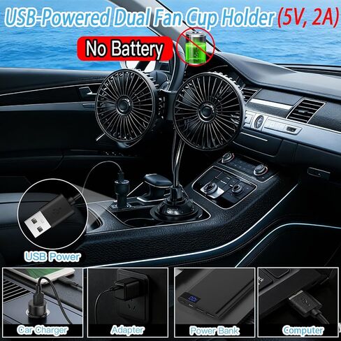 Dual Head Car Fan for Cup Holder, Cup Holder Fan for Car Truck Vehicle Van RV with 3 Adjustable Speeds& 360°Rotation (USB Powered/No Battery) in Saudi Arabia