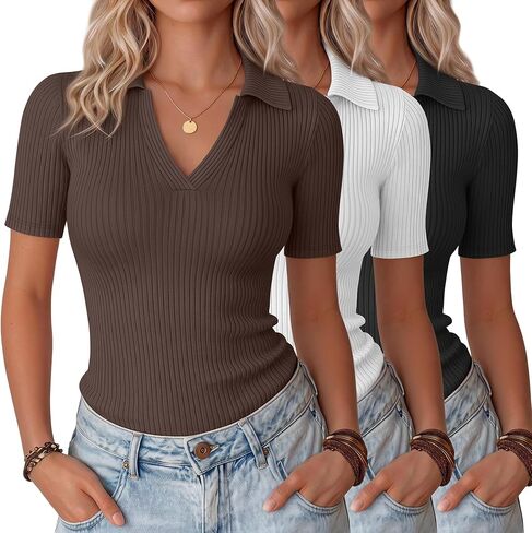 3 Pack Women's Cotton Ribbed Collared T Shirts Short Sleeve V Neck Summer Casual Shirts Tops Slim Fit in Kuwait