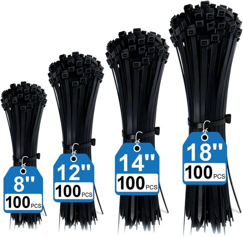 400 Pack Black Zip Ties Assorted Sizes 8+12+14+18 Inch, Heavy Duty 100lbs Self-Locking Electrical Cable Ties, UV Resistant Wire Ties for Indoor and Outdoor Use in Saudi Arabia