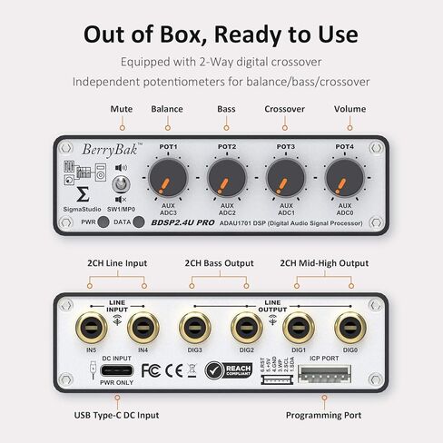 ADC & DAC ADAU1701 DSP Preamp غير متوازن 2 في 4 خارج، 2.2/2.1 إشارة رقمية ثنائية الاتجاه، تحكم Sigmastudio وواجهة مستخدم الكمبيوتر الشخصي لتحسين EQ وBass BDSP2.4U-Pro in Kuwait