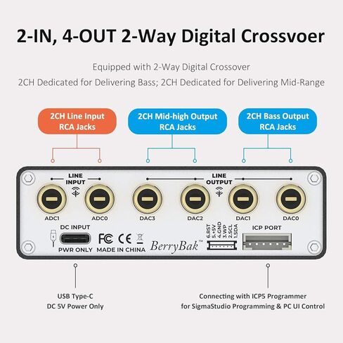 ADAU1701 DSP Preamp 2 in 4 Out 2.1 4.0 2-Way Digital Crossover EQ Bass Enhancement مع Sigmastudio DSP PC UI BDSP2.4U in Kuwait