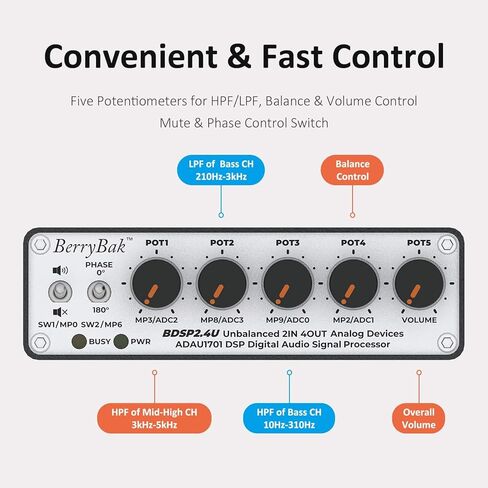 ADAU1701 DSP Preamp 2 in 4 Out 2.1 4.0 2-Way Digital Crossover EQ Bass Enhancement مع Sigmastudio DSP PC UI BDSP2.4U in Kuwait