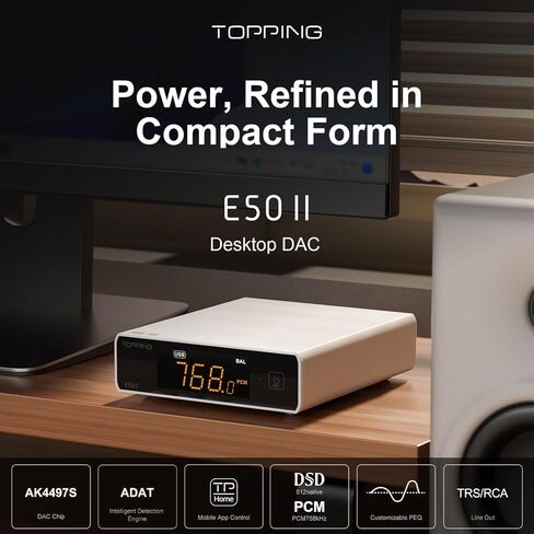 Topping E50 II Desktop DAC Preamp، مدخلات USB/بصرية/محورية/بلوتوث، AK4497S محول صوت رقمي متوازن إلى تناظري، 10 نطاقات PEQ، مخرج TRS/RCA متوازن، وحدة فك ترميز HiFi مع التحكم في التطبيق، أسود in Saudi Arabia