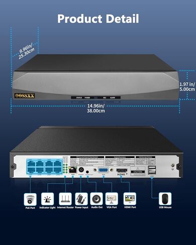 OOSSXX 8.0/4K Megapixel Security POE NVR Network Video Recorder, Supports up to 8MP/4K IP Cameras, Max to 8TB Hard Drive (16-Channel No HDD) in Saudi Arabia