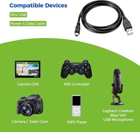 Mini USB to USB-A Charging Cable for Logitech Creators Blue Yeti USB Microphone, Garmin GPS, PS3 Controller, TI-84 Plus CE Graphing Calculator, Camera, Dash Cam, MP3 & More in Saudi Arabia
